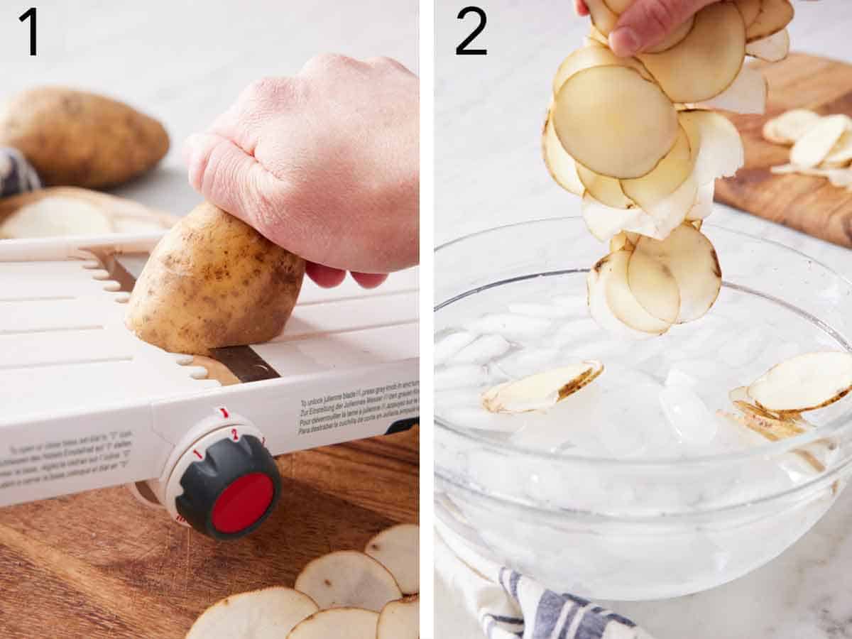 Set of two photos showing a potato sliced with a mandoline and transferred to a bowl of ice water.