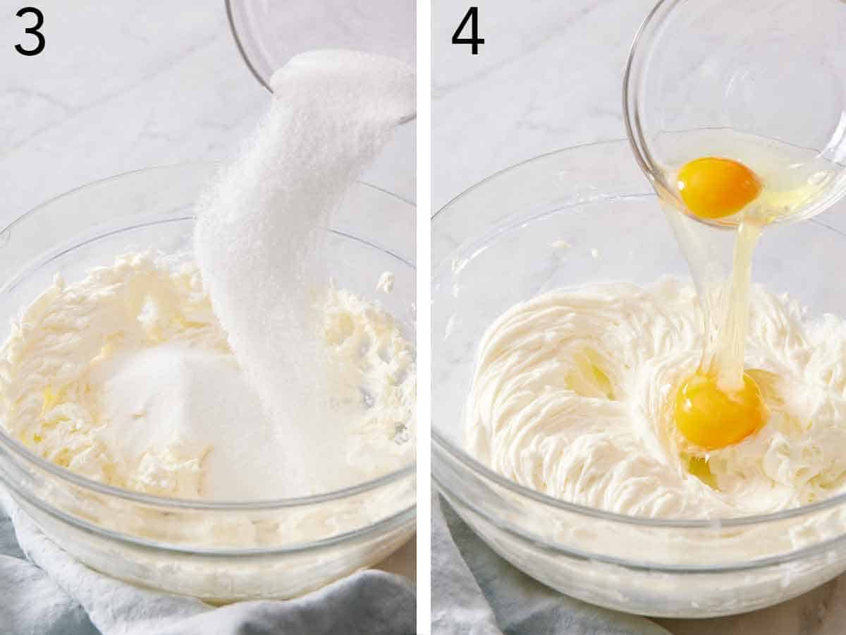 Set if two photo showing sugar and eggs added to beaten cream cheese.