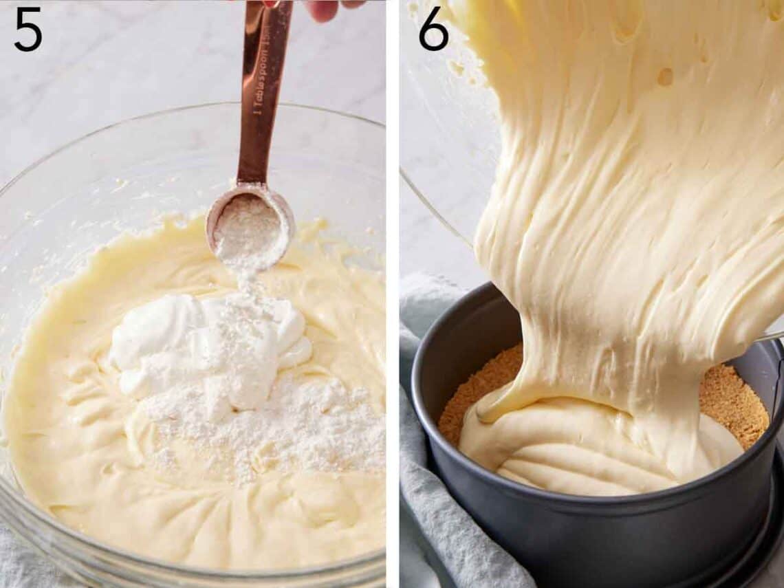 Set if two photo showing flour and sour cream added to the batter then poured over the graham cracker crust.