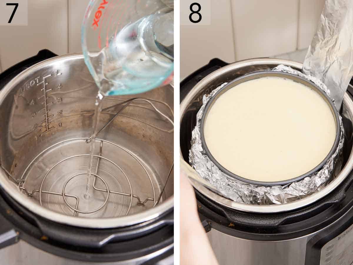 Set if two photo showing water added to the Instant Pot and the cheesecake added inside.