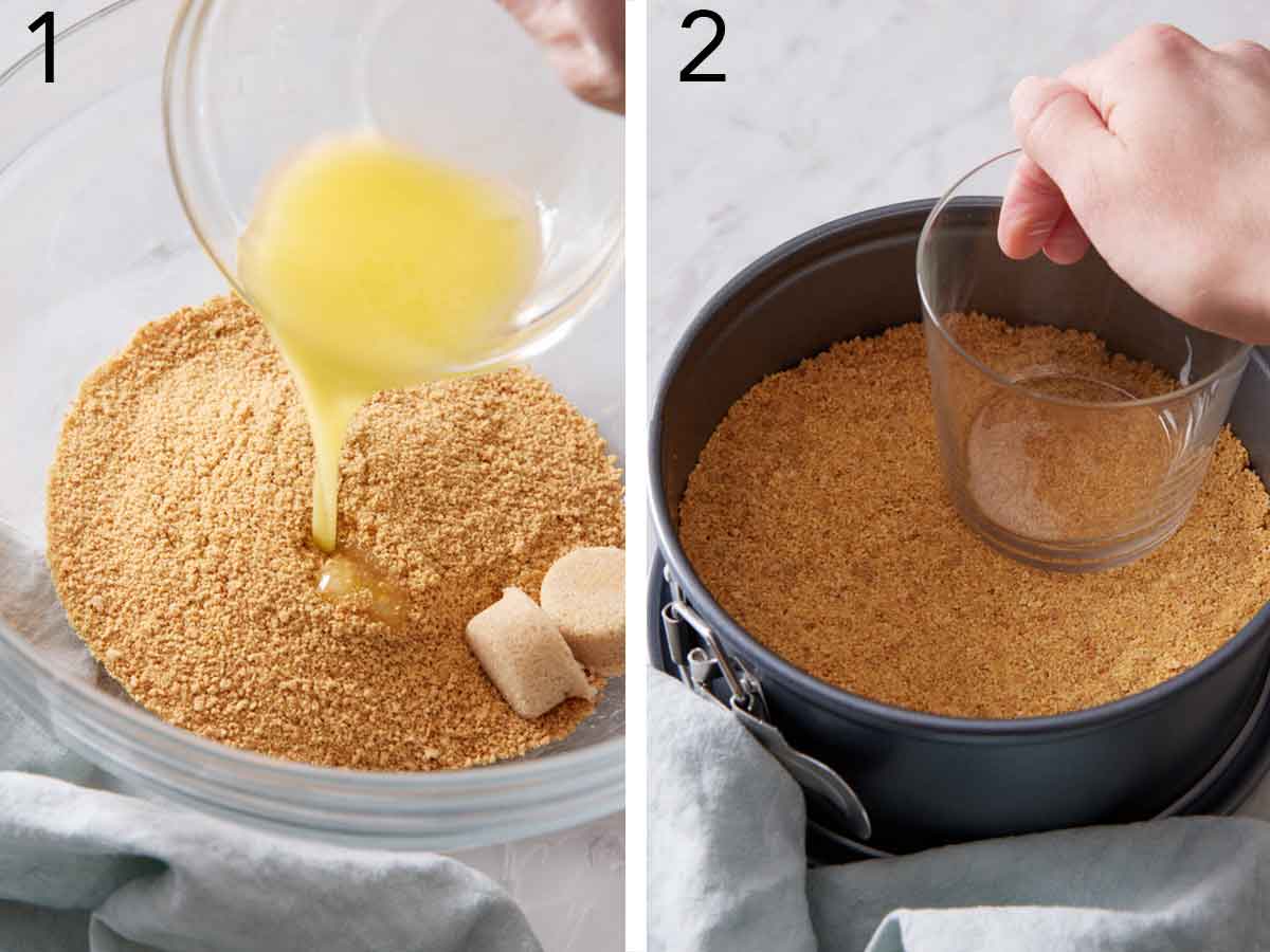 Set if two photo showing butter and brown sugar added to the graham cracker crumbs and pressured into a baking tin.