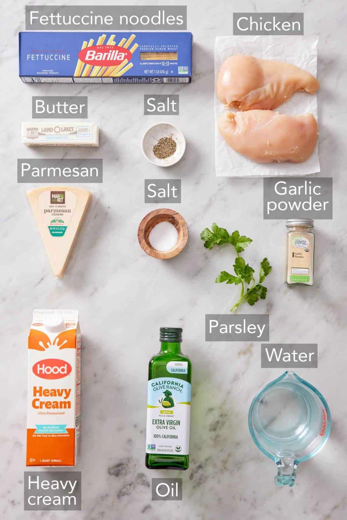 Ingredients needed to make Instant Pot chicken alfredo.