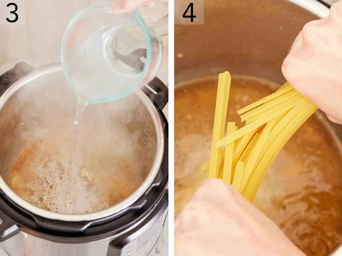 Set of two photos showing water added to the pressure cooker and pasta broken in half.