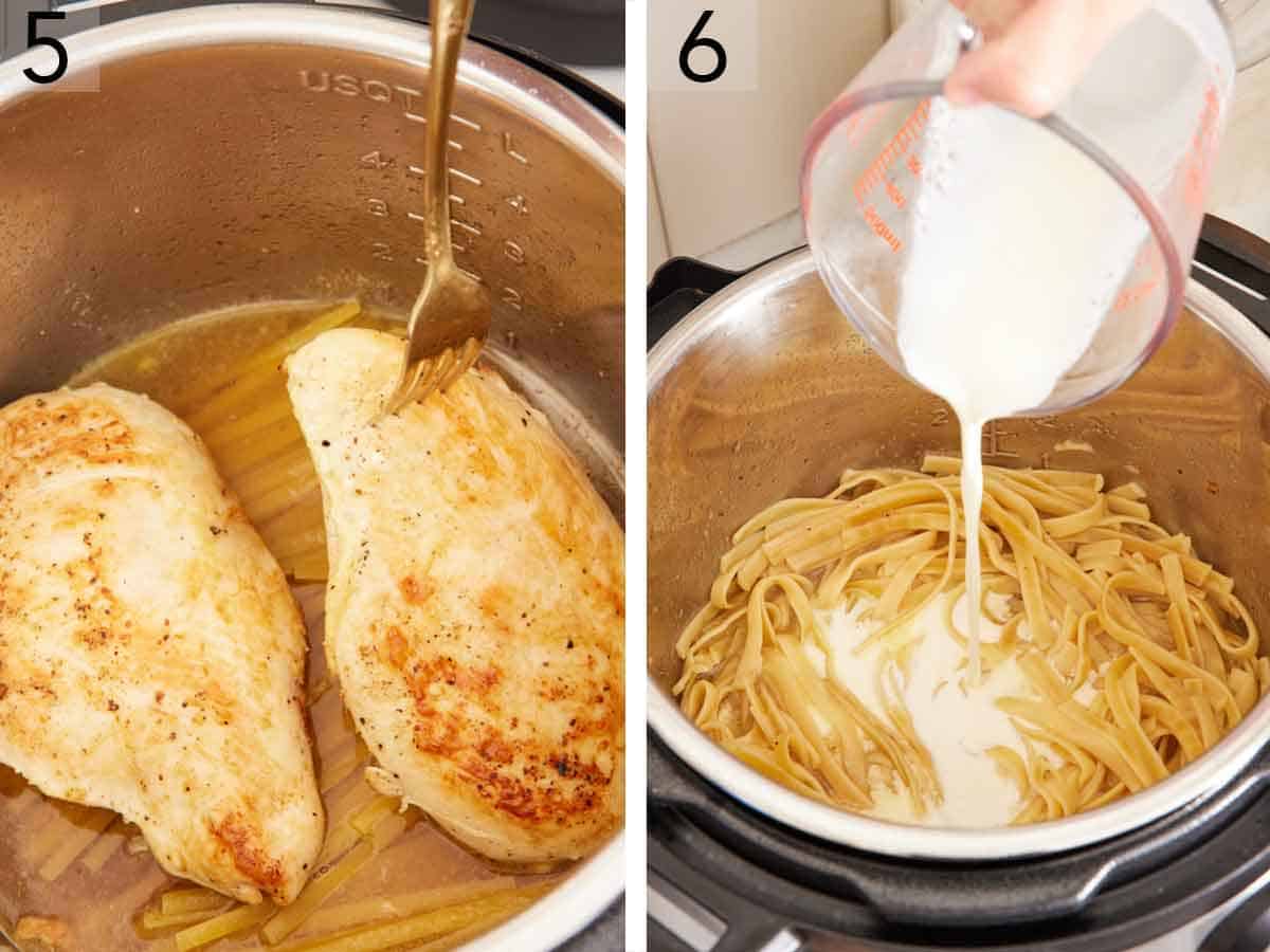 Set of two photos showing browned chicken added to the pressure cooker and heavy cream added to the pot.