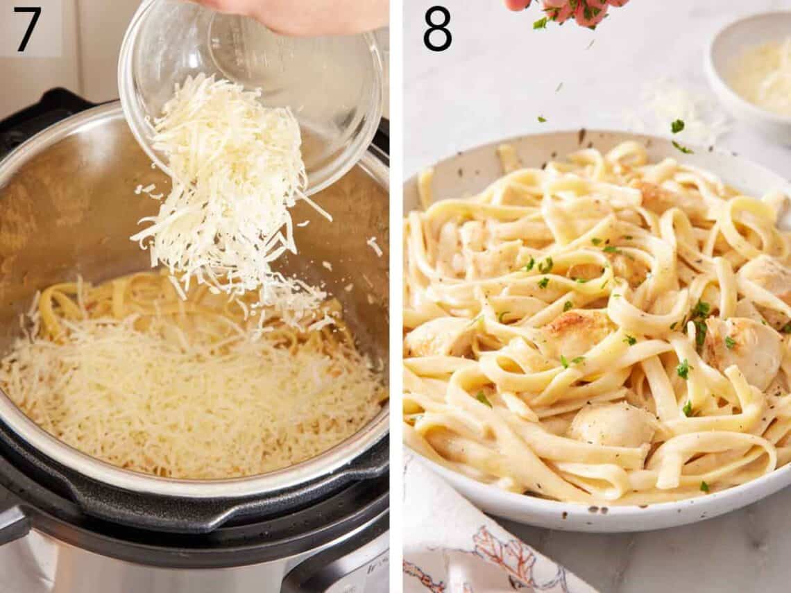 Set of two photos showing shredded cheese added to the pressure cooker and then a plated serving garnished with parsley.
