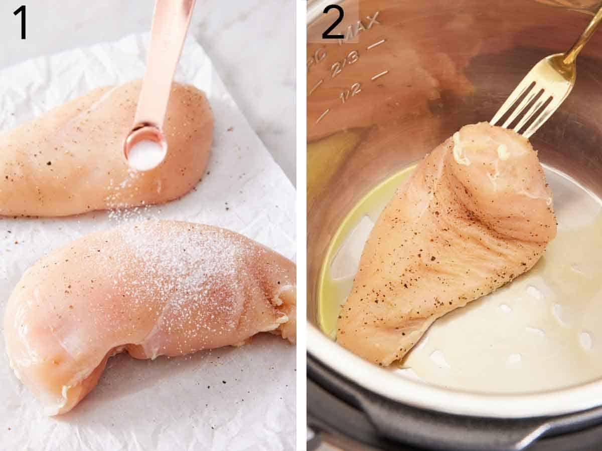 Set of two photos showing chicken seasoned and added to the pressure cooker.