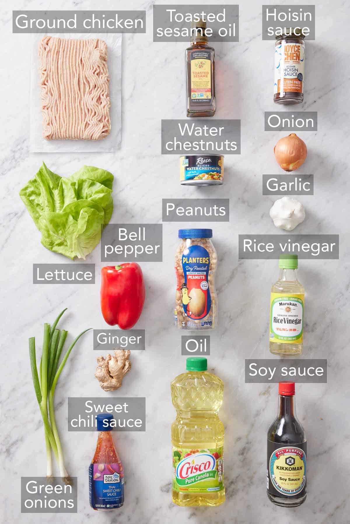 Ingredients needed to make lettuce wraps.