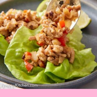 Pinterest graphic of plate with ground chicken filling spooned into a lettuce leaf.
