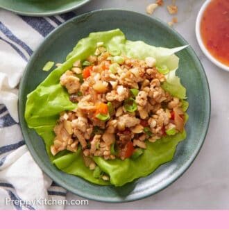 Pinterest graphic of an overhead view of a plate with a serving of lettuce wrap.