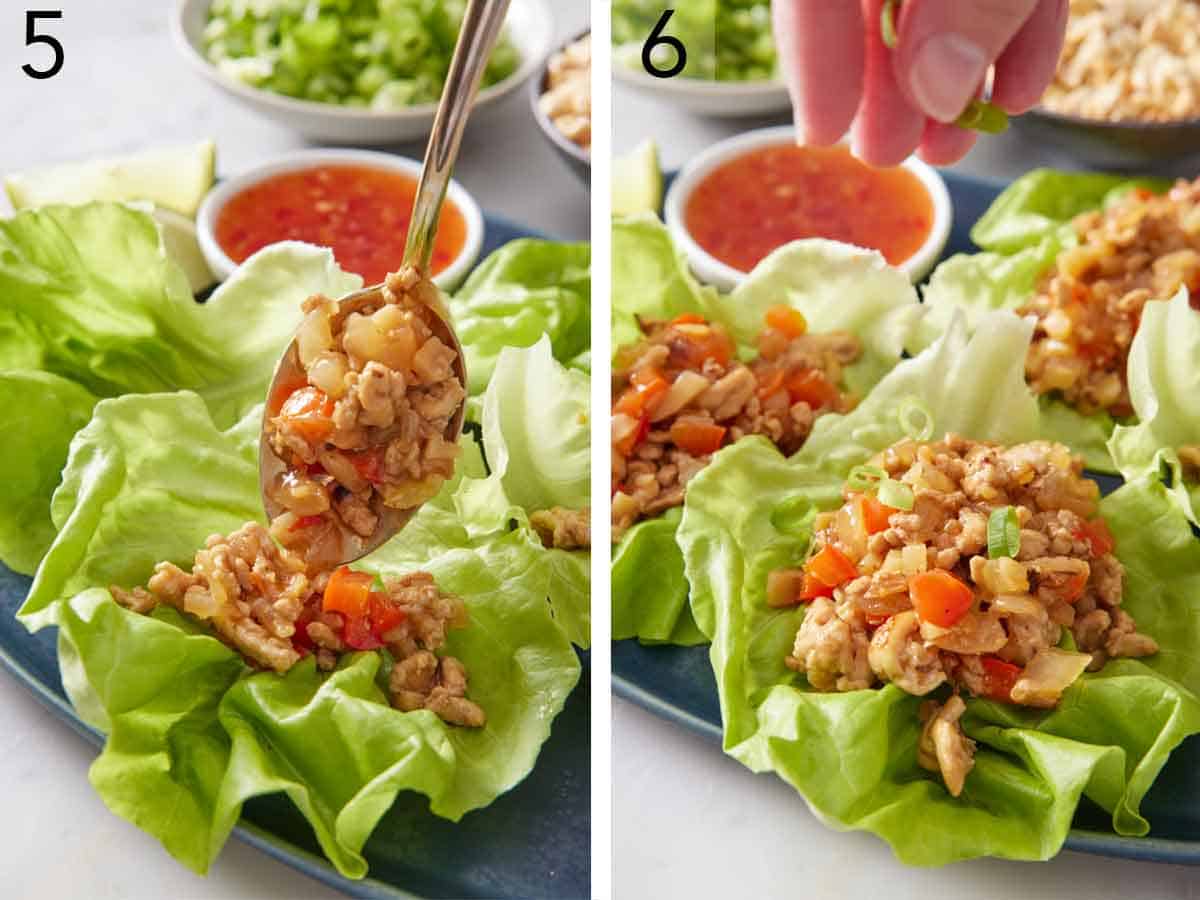 Set of two photos showing filling spooned into lettuce leaves and topped with green onions.
