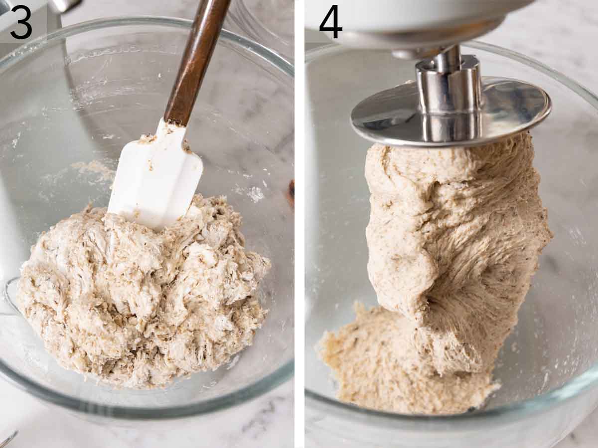 Set of two photos showing slow mixed with a spatula and dough hook.
