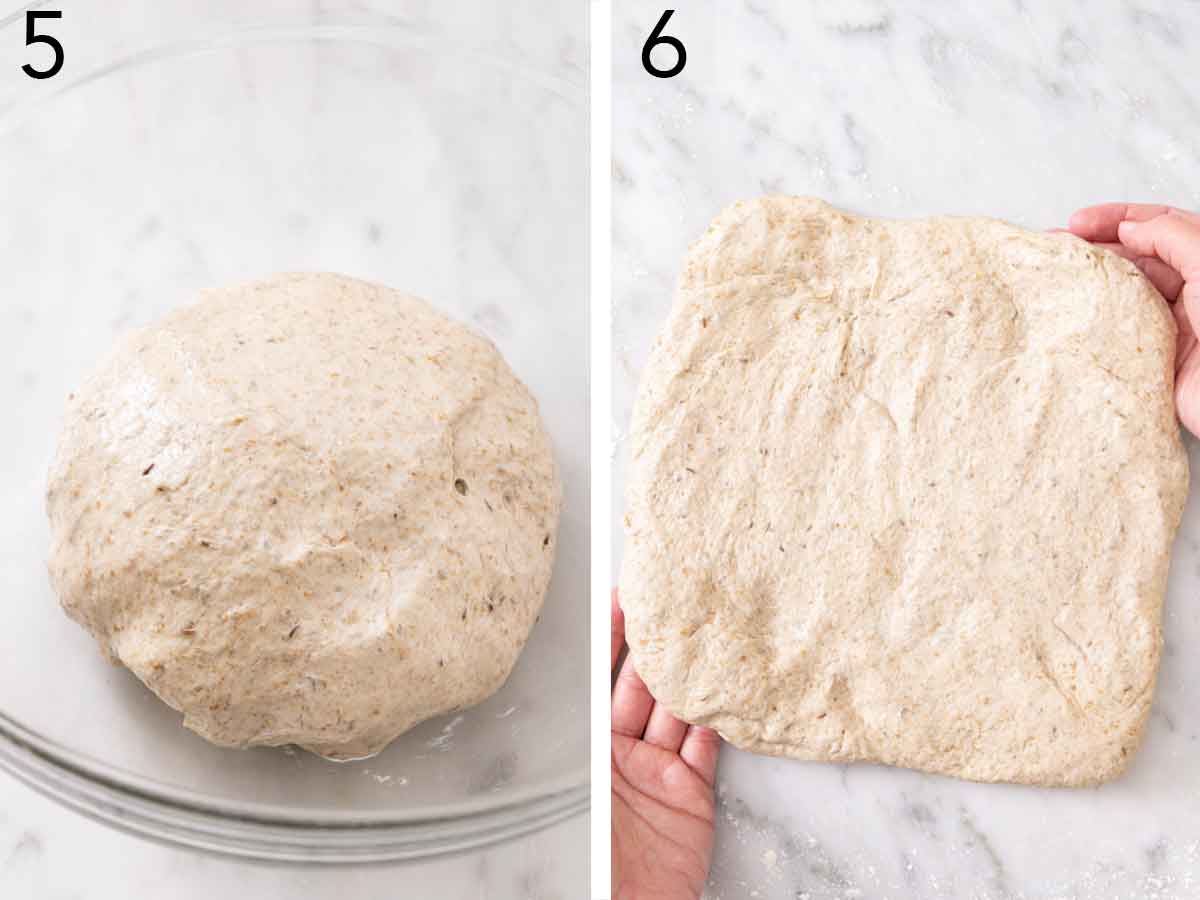 Set of two photos showing dough ball placed in a bowl to rise then rolled out.