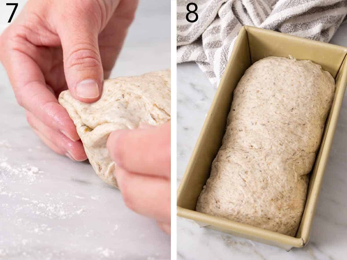 Set of two photos showing dough seams sealed and placed into a baking pan.