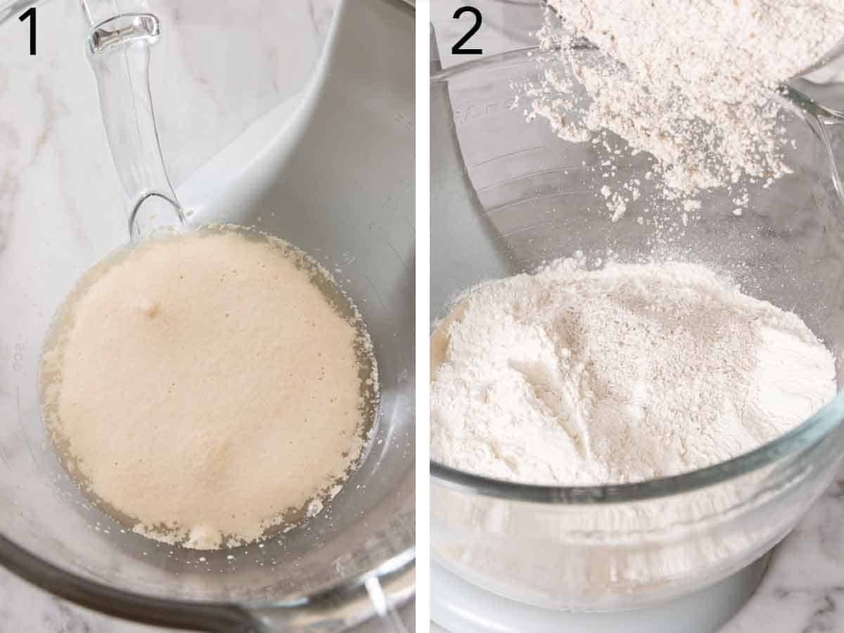 Set of two photos showing yeast blooming and flour added to a mixing bowl.