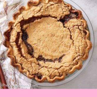 Pinterest graphic of an overhead view of a shoofly pie in a glass pie dish.