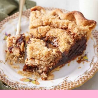Pinterest graphic of a plate with a slice of shoofly pie with the tip of the slice on the fork beside it.