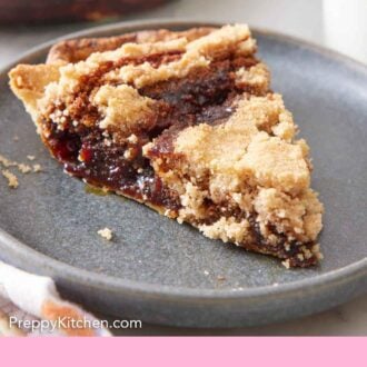 Pinterest graphic of a plate with a slice of shoofly pie.