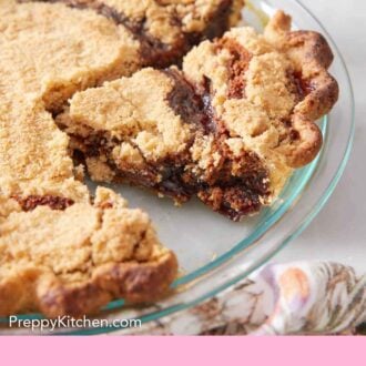 Pinterest graphic of a glass pie dish with a shoofly pie with a slice cut.
