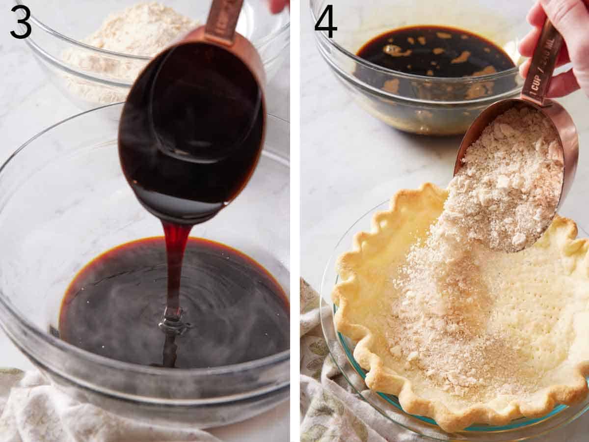 Set of two photos showing wet ingredients added to a bowl and dry ingredients added to the bottom of a pie crust.