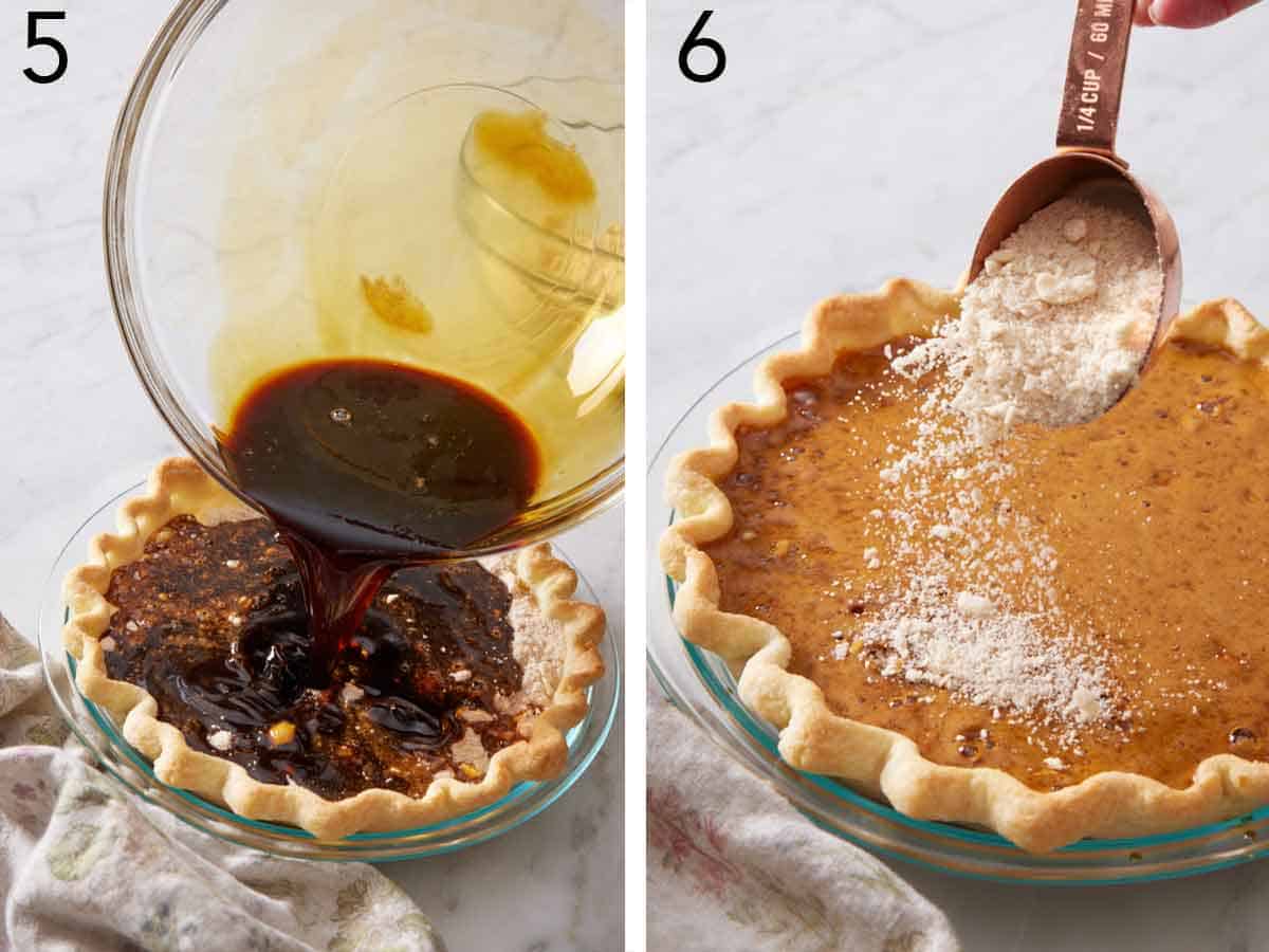 Set of two photos showing wet ingredients added to the crust and topped with the rest of the dry ingredients.