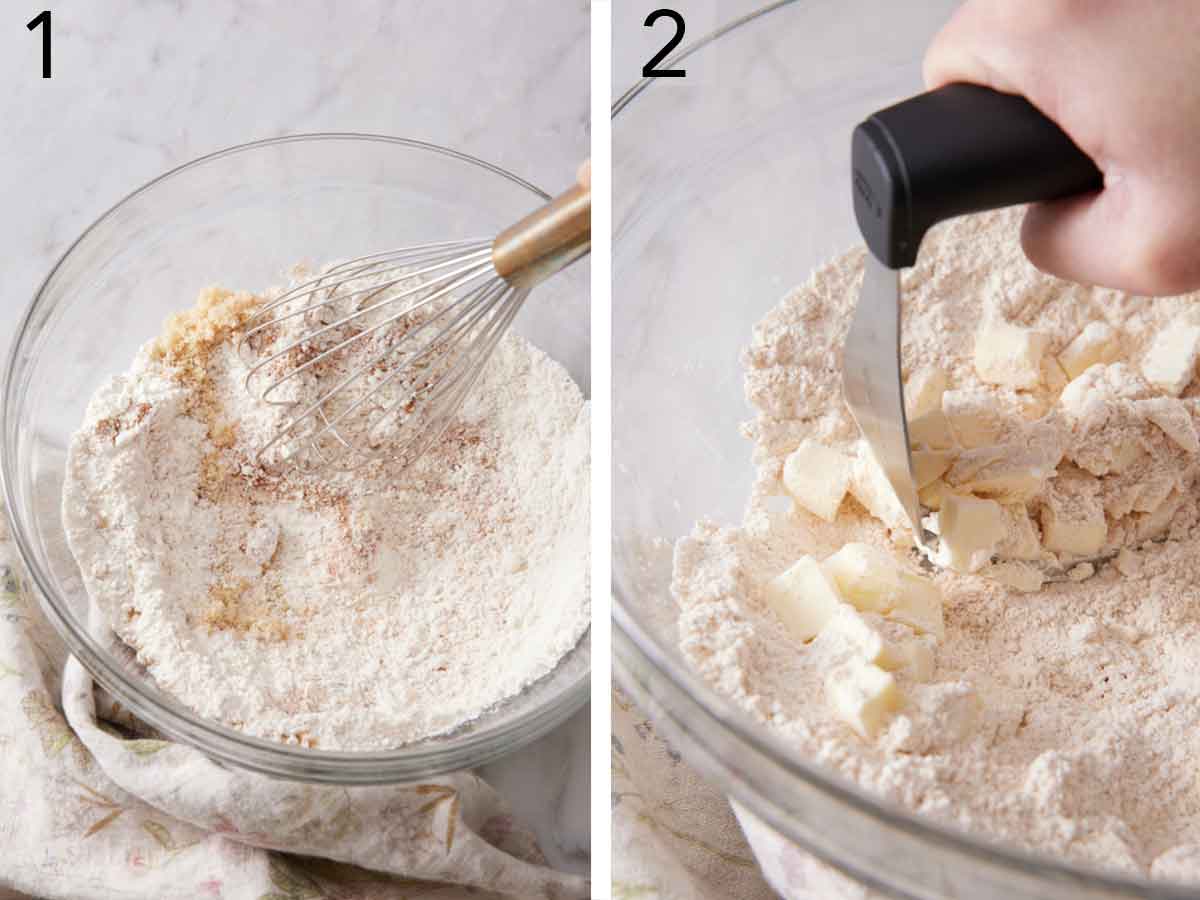 Set of two photos showing dry ingredients whisked together and butter cut in.