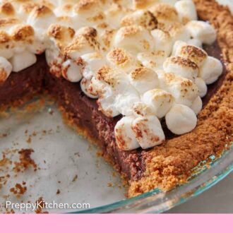Pinterest graphic of a close up view of a cut s'more pie, showing the interior.