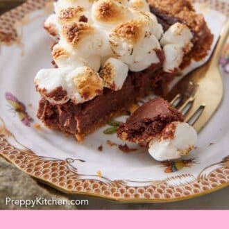 Pinterest graphic of a slice of s'more pie on a plate with a fork with the tip of the pie on it beside the slice.