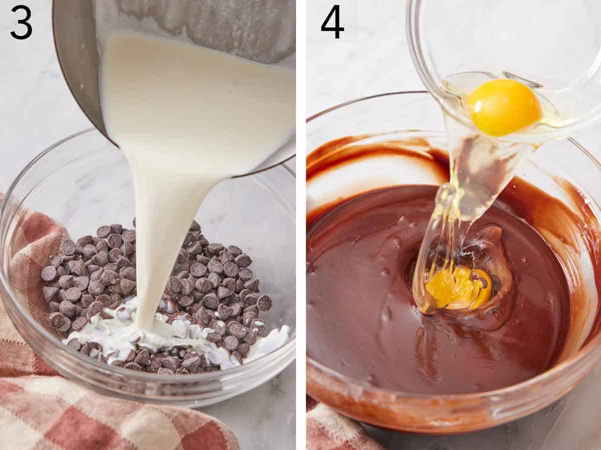 Set of two photos showing heavy milk added to chocolate chips then eggs added to the melted chocolate.
