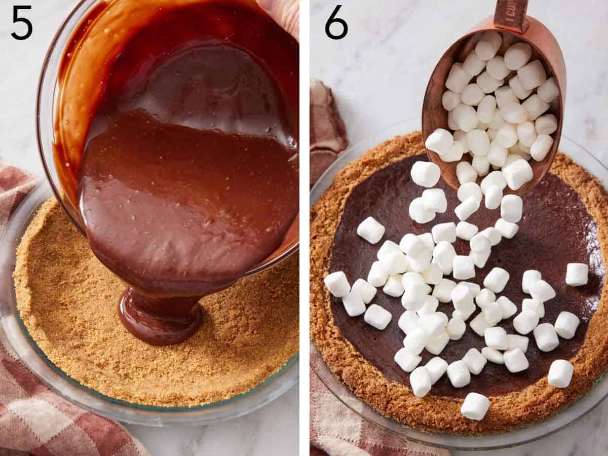 Set of two photos showing chocolate mixture added to the crust and topped with mini marshmallows.