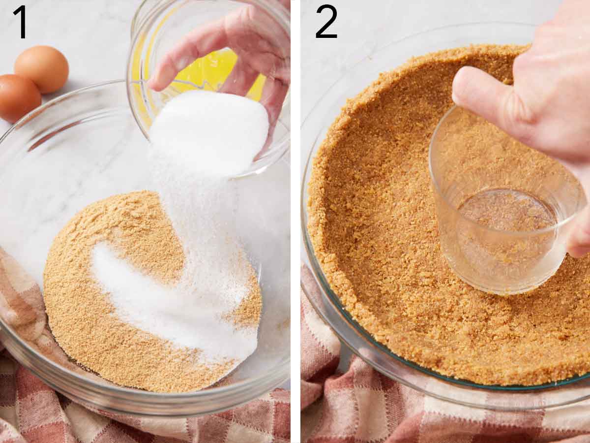 Set of two photos showing sugar added to graham cracker crumbs and pressed into a dish to make a crust.