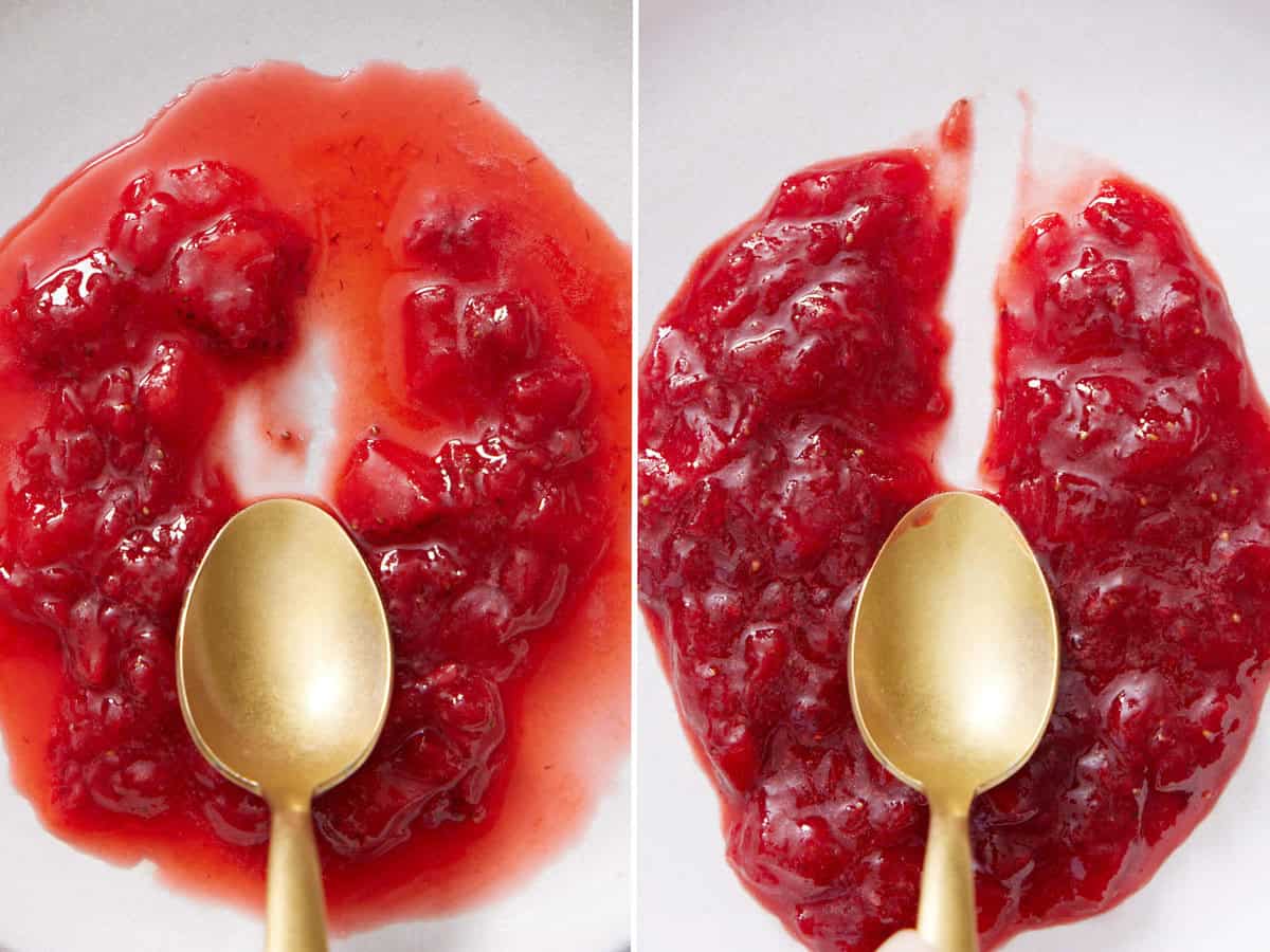 Set of two photos showing a comparison of strawberry jam texture.