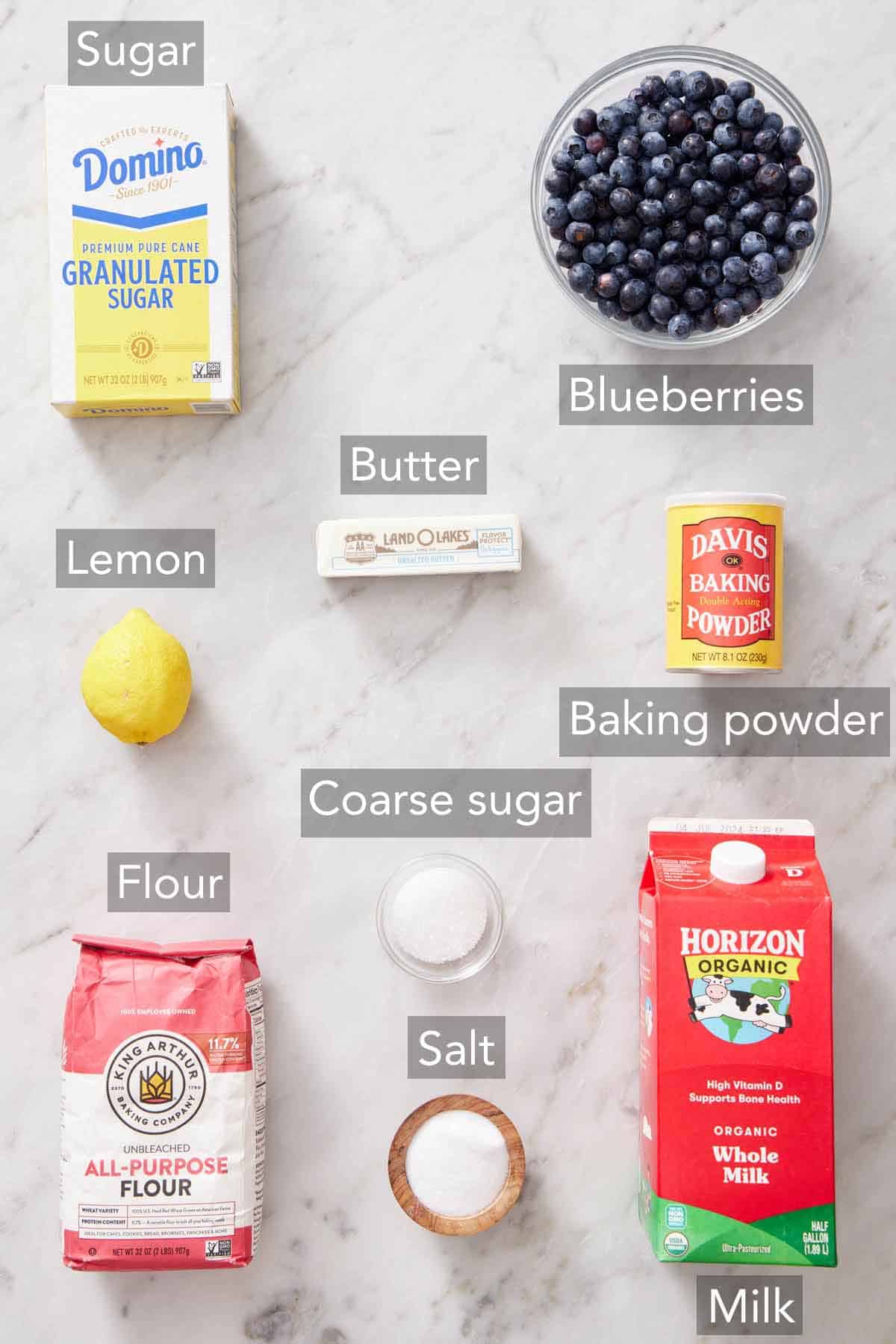 Ingredients needed to make blueberry cobbler.