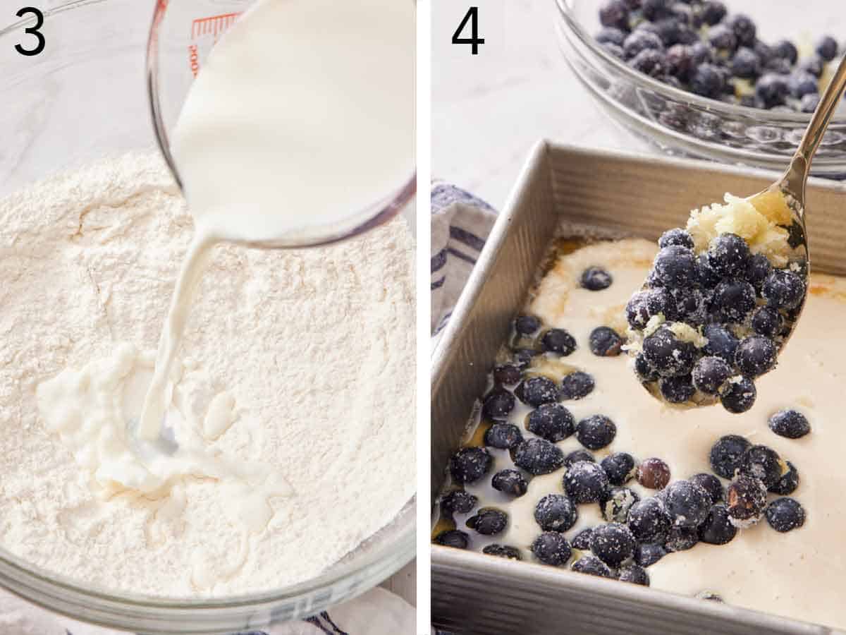 Set of two photos showing milk added to flour and blueberries added to the batter.