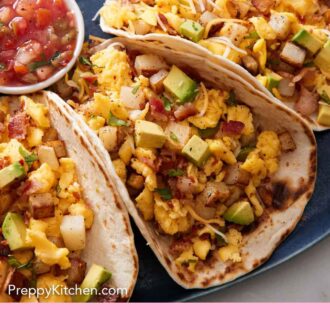 Pinterest graphic of plate with three breakfast tacos with a bowl of pico de gallo.