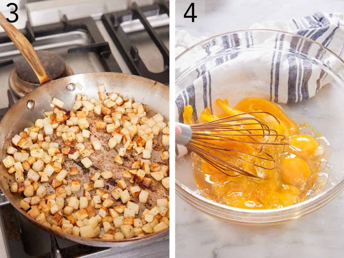Set of two photos showing potatoes cooked in a skillet and eggs whisked in a bowl.