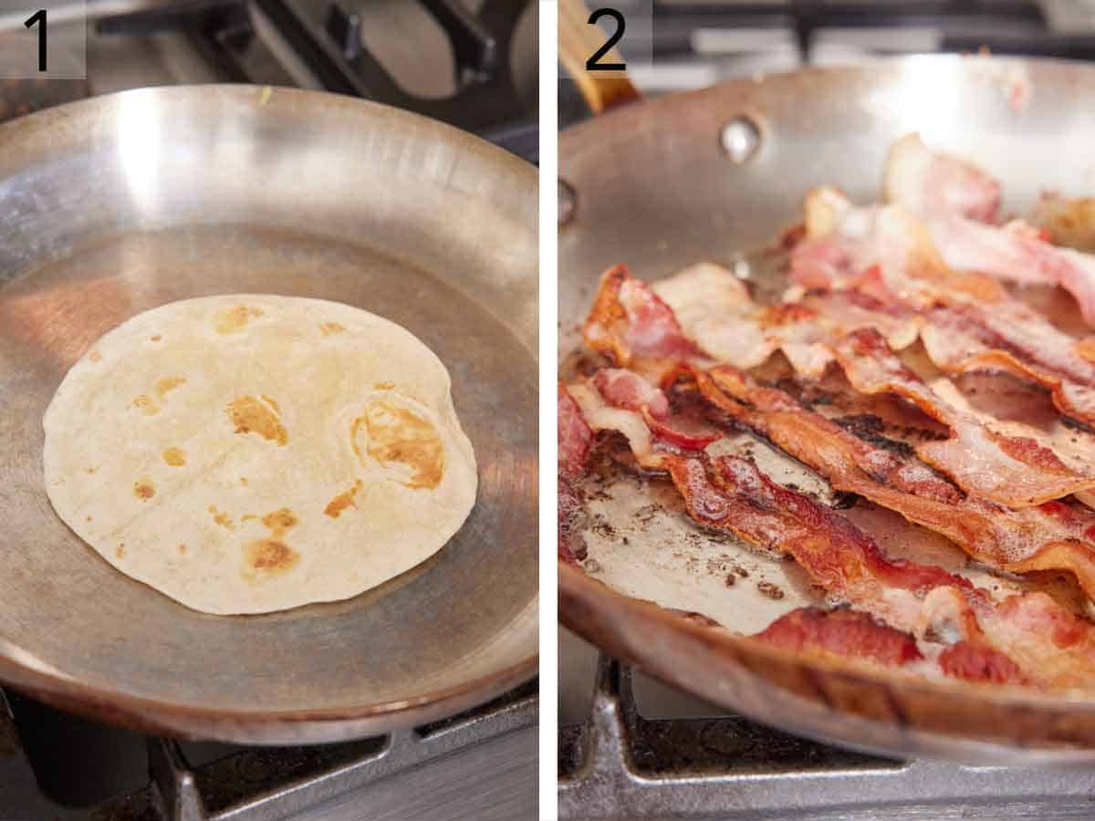 Set of two photos showing tortillas heated up in a skillet and bacon cooked.
