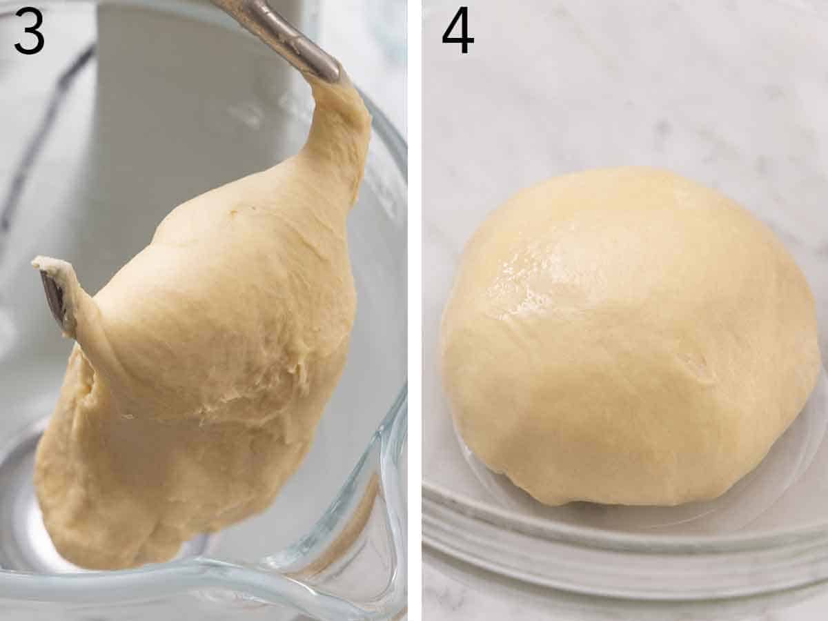 Set of two photos showing dough mixed then left to rise.