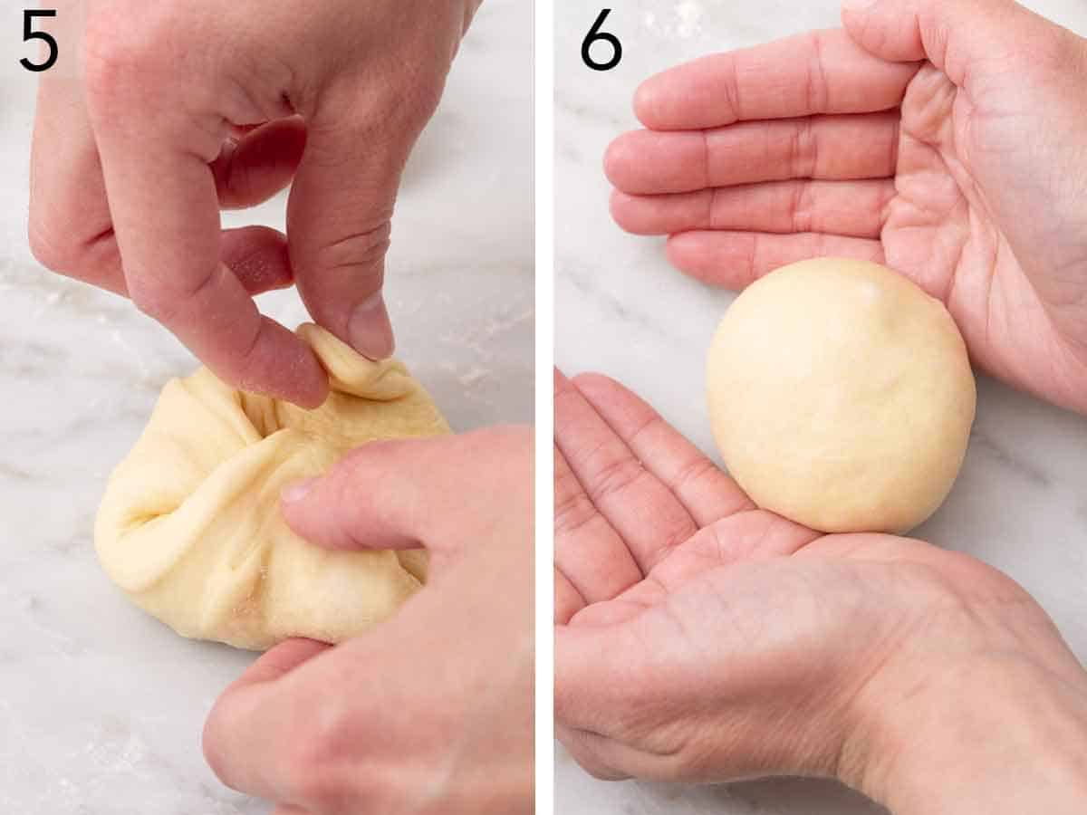 Set of two photos showing dough pinched and rolled into a ball.