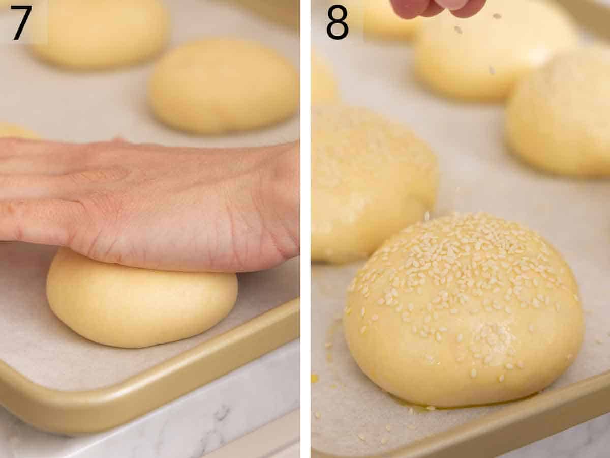 Set of two photos showing dough ball being flattened and topped with sesame seeds.