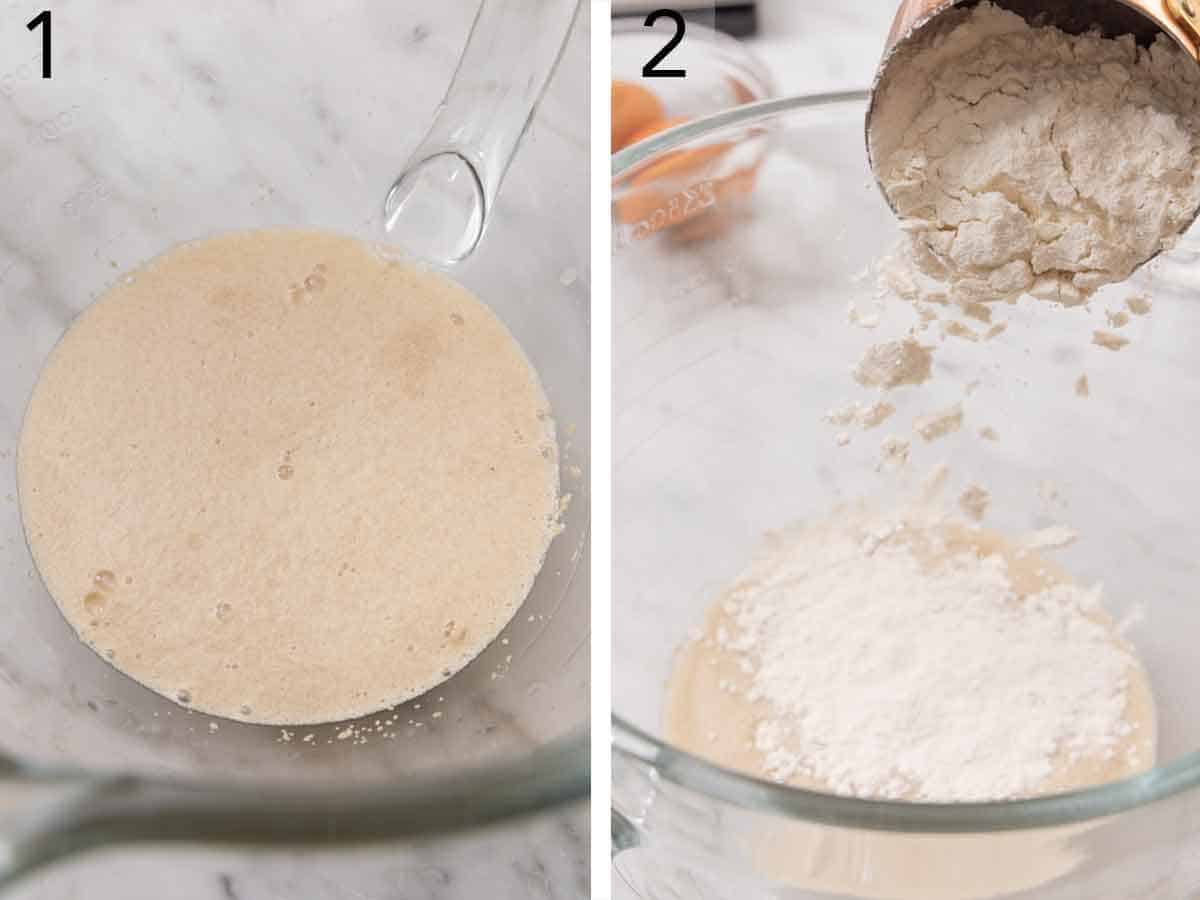 Set of two photos showing yeast bloomed in a mixing bowl and flour added.