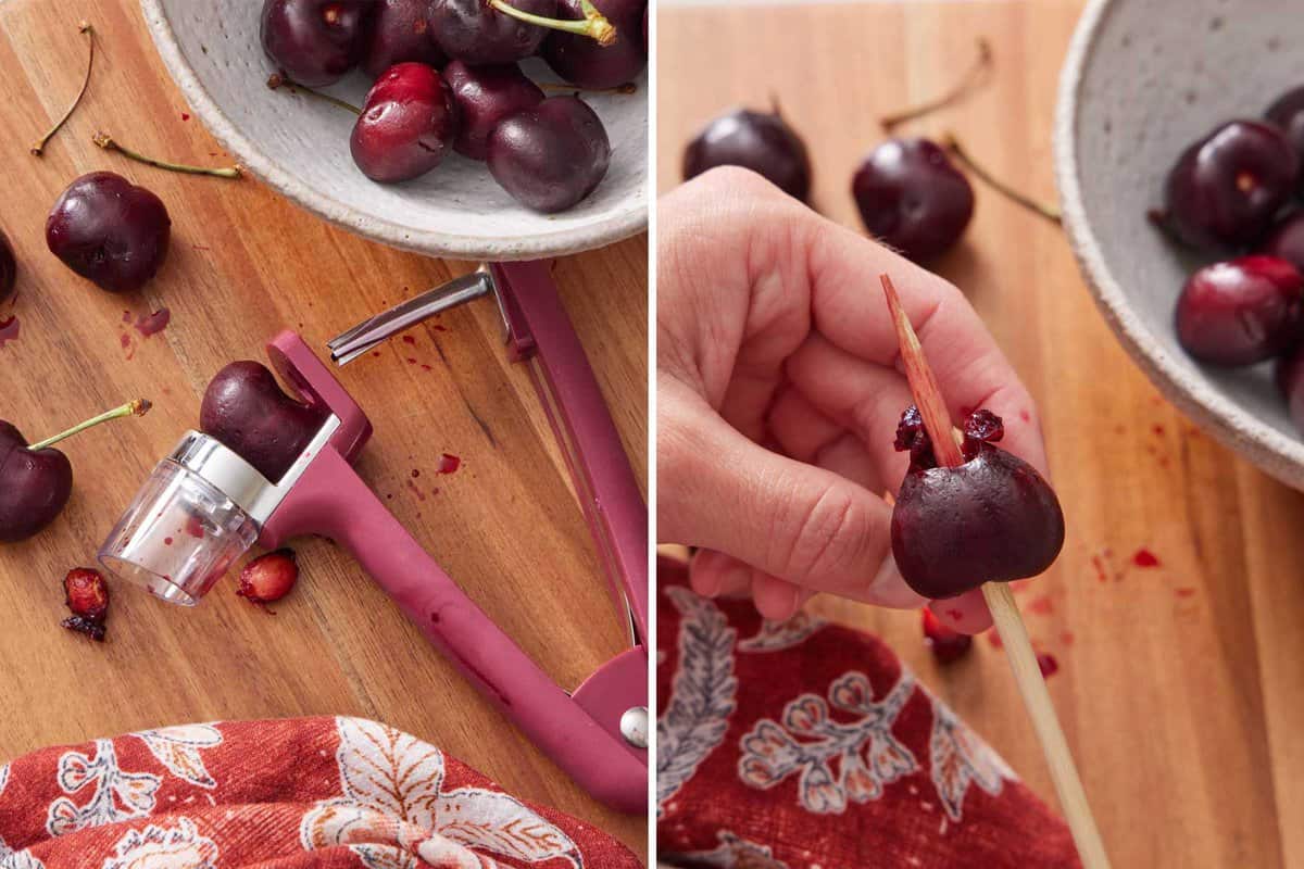Two photos showing cherries with their pit removed with cherry pitter and skewer.