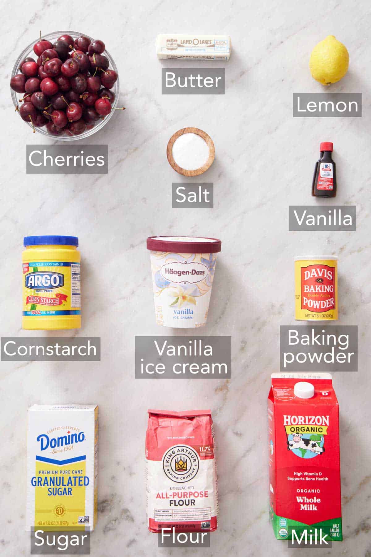 Ingredients needed to make cherry cobbler.