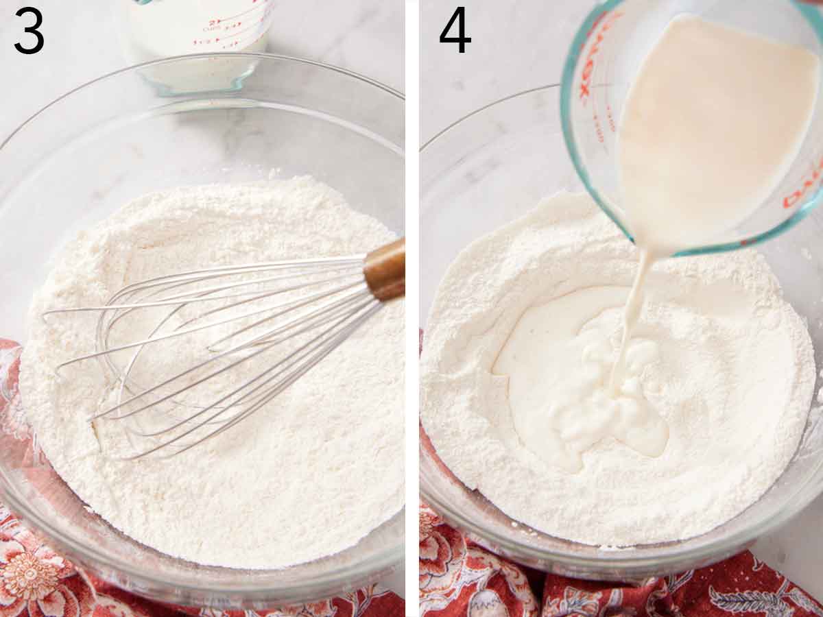 Set of two photos showing dry ingredients whisked and milk added.