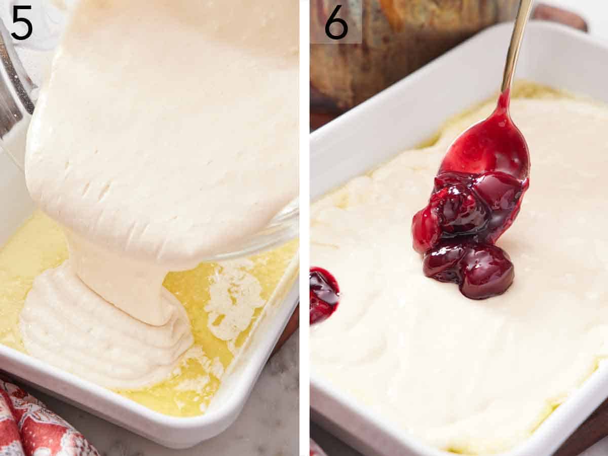 Set of two photos showing batter poured into a baking dish and cherry mixture spooned into the batter.