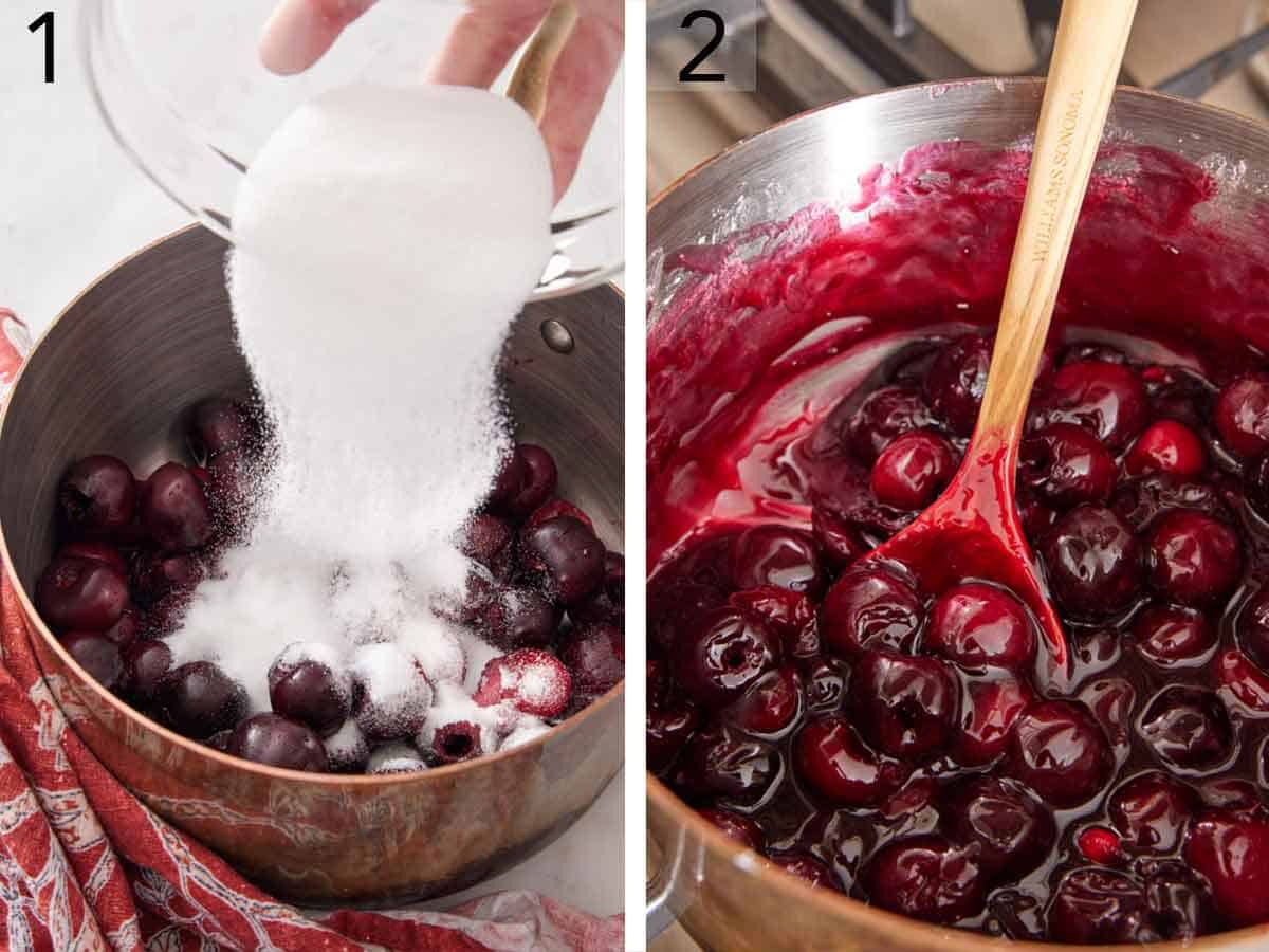 Set of two photos showing sugar added to cherries in a pot and cooked.