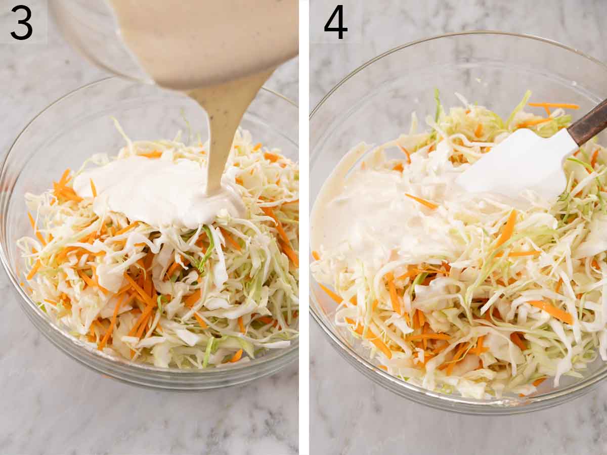 Set of two photos showing dressing poured over the cabbage and carrot mixture and mixed to combine.