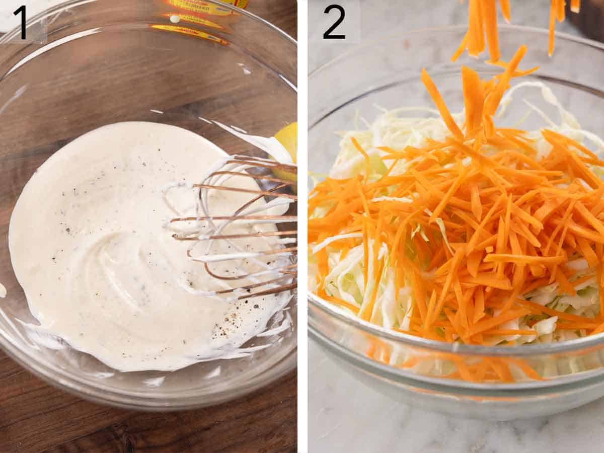 Set of two photos showing mayonnaise mixture whisked and then cabbage and carrots added to a bowl.