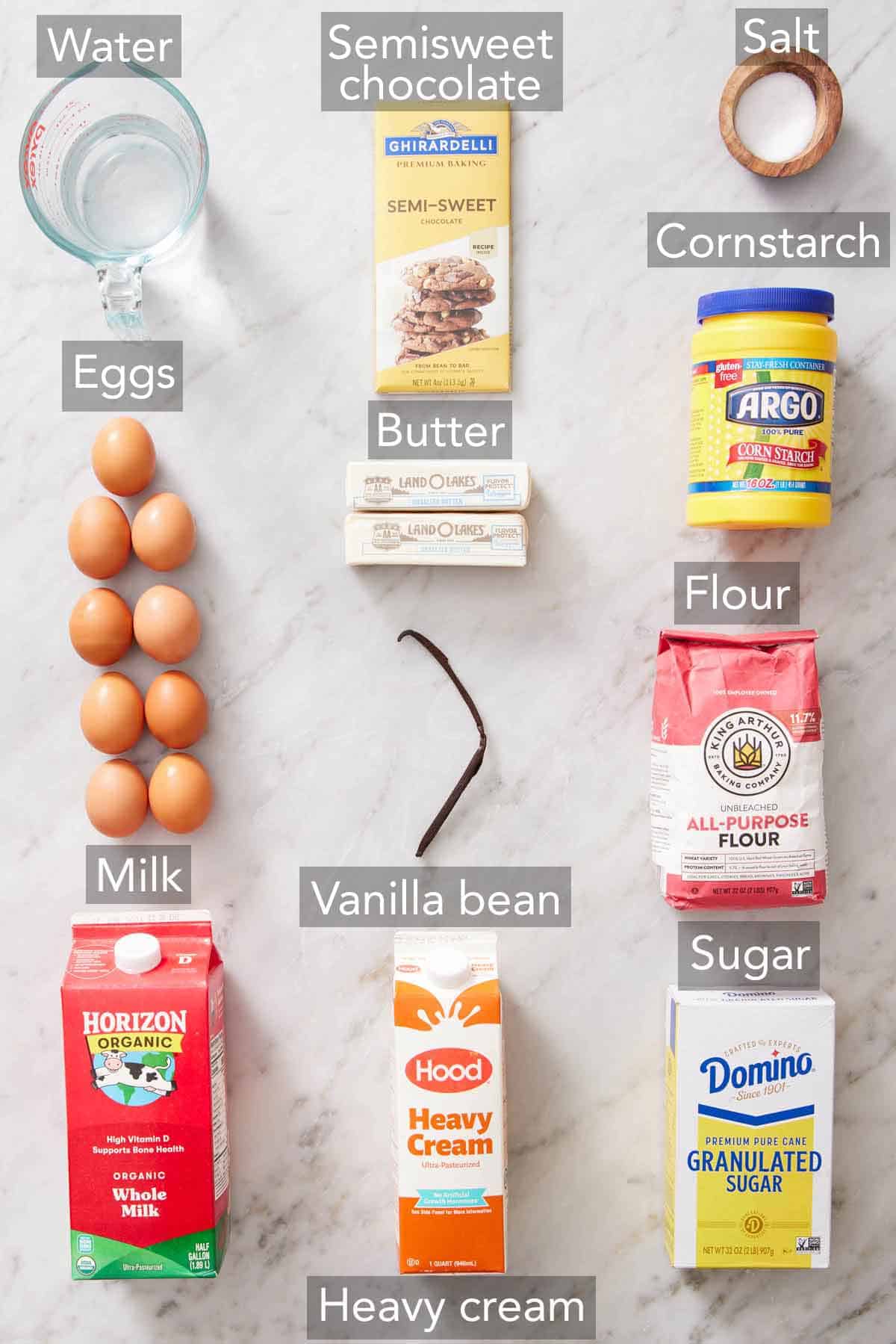 Ingredients needed to make eclairs.
