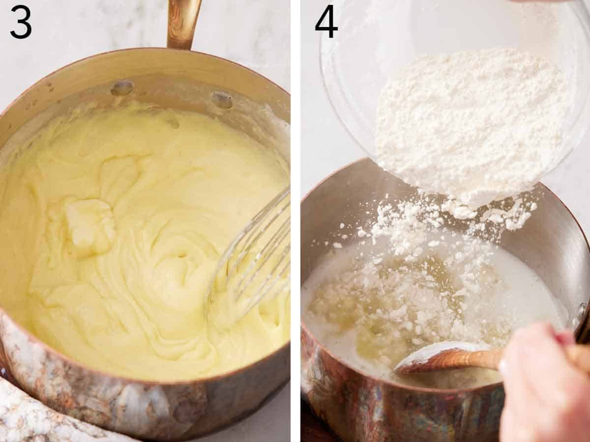Set of two photos showing custard whisked in a saucepan and flour added to another saucepan.