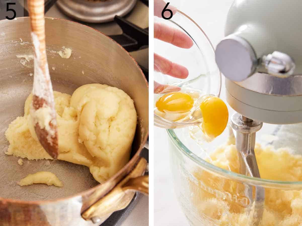 Set of two photos showing dough cooked in a saucepan and eggs added to the mixture in the mixing bowl.